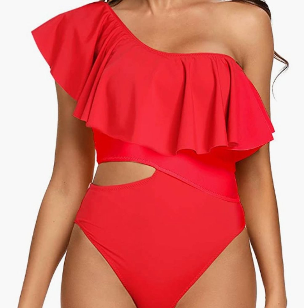 Women's Cutout Ruffled One Shoulder One Piece Swimsuit
